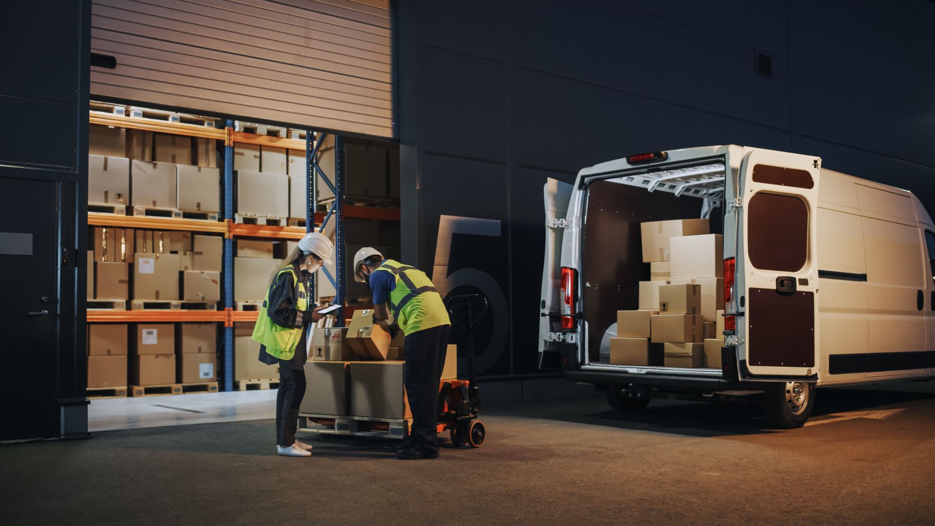 Warehouse workers packaging boxes in van